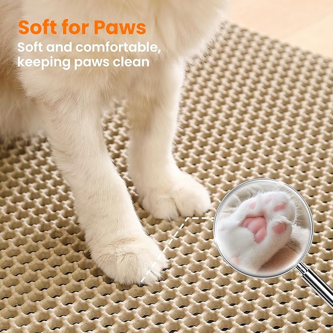 Petinstinct Extra Large Cat Litter Mat, 30x22 Inches Honeycomb Double Layer Cat Litter Trapping Mat, Non Slip Waterproof Urine Proof Large Kitty Litter Box Mat for Floor, Kitten Supplies, XL, Beige