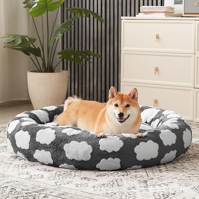 JOEJOY Donut Cat Beds for Indoor Cats, Round Calming Small Dog Bed with Removable Washable Cover, Orthopedic Cute Puppy Kitten Pet Bed with Jacquard Shaggy Plush & Non Skid Bottom, Black