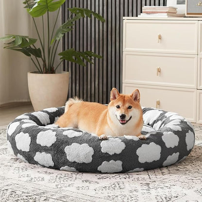 JOEJOY Donut Cat Beds for Indoor Cats, Round Calming Small Dog Bed with Removable Washable Cover, Orthopedic Cute Puppy Kitten Pet Bed with Jacquard Shaggy Plush & Non Skid Bottom, Black