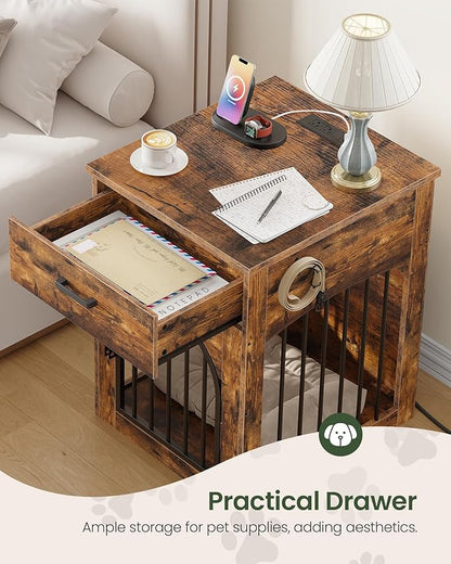 CHOEZON Dog Crate Furniture, Wooden Dog House with Charging Station and Storage Drawer, Indoor Pet Crate End Table for Small Breeds, for Living Room, Bedroom, Rustic Brown MGW01UFG