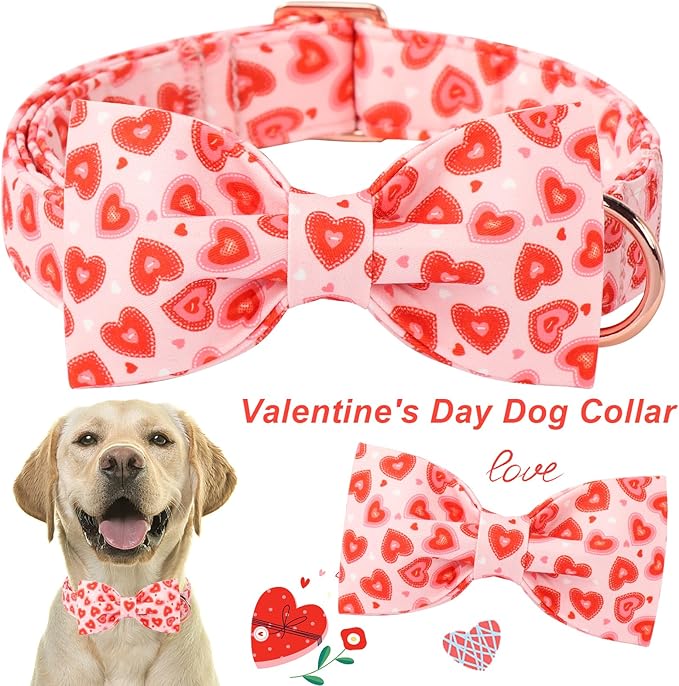ARING PET Valentine Bow Dog Collar, Pink Red Heart Pet Collar with Bowtie for Small Medium Large Dogs-L