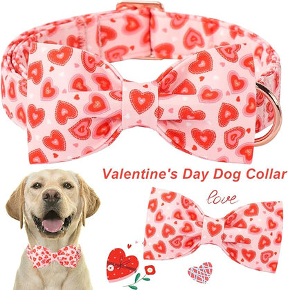 ARING PET Valentine Bow Dog Collar, Pink Red Heart Pet Collar with Bowtie for Small Medium Large Dogs-L