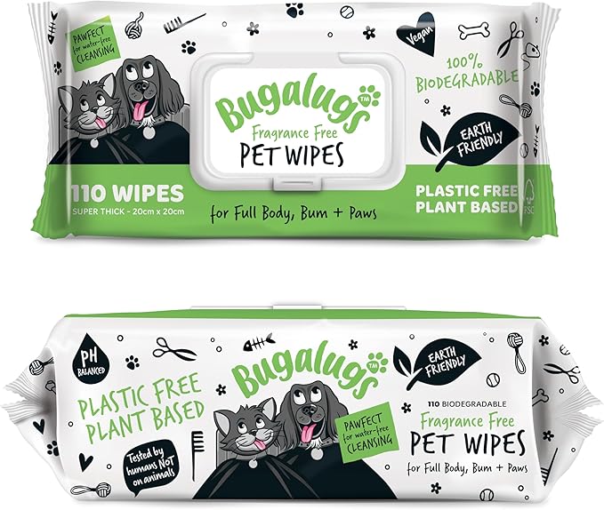 BUGALUGS Dog Wipes, 100% Plastic Free Biodegradable pet Wipes for Full Body, Eye Wipes, Ear Wipes, Bum & Paws. 110 Sensitive Dog Grooming Wipes for Dogs, Puppy & cat Grooming (Fragrance Free)