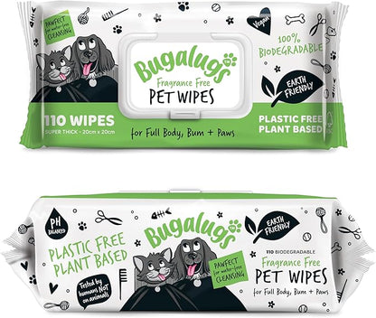 BUGALUGS Dog Wipes, 100% Plastic Free Biodegradable pet Wipes for Full Body, Eye Wipes, Ear Wipes, Bum & Paws. 110 Sensitive Dog Grooming Wipes for Dogs, Puppy & cat Grooming (Fragrance Free)