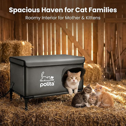 Polita Indestructible Heated Cat House for Outdoor Cats in Winter, Extremely Insulated & 100% Weatherproof, Elevated Feral Cat Shelter with Waterproof Eaves & Safe Escape Door for Stray & Barn Cats