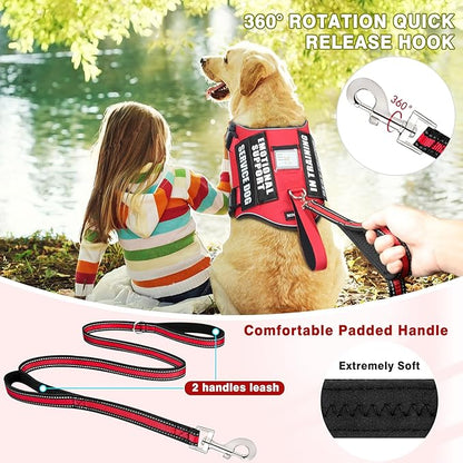 Service Dog Vest Harness and Leash Set+10 Patches,No Pull&Adjustable Reflective Dog Harness with Soft Padded Handle for Training/Everyday,Fit Small/Medium/Large/Extra-Large Dogs(Red L)