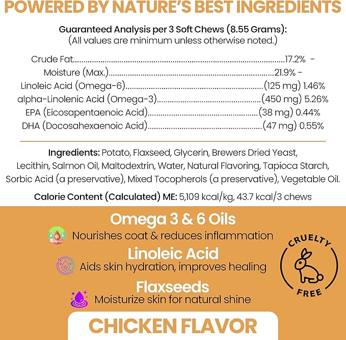 Omega 3 for Dogs - 180 Soft Chew Omega Treats for Skin and Coat - Fish Oil Blend of Essential Fatty Acids, Omega 3 and 6, Vitamins, Antioxidants and Minerals - Made in USA