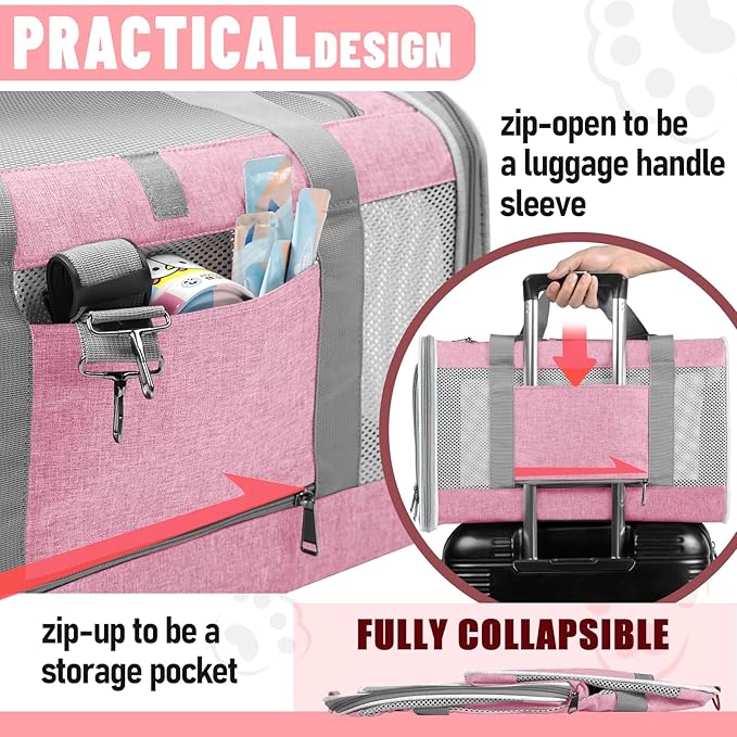 GAPZER Cat Carrier 20lbs Top Open/Soft Sided Small Pet Dog Travel Carrying Crate/Collapsible Puppy Transport Carry Bag/Sturdy Pet Cages Chihuahuas Mini Dog 10lbs Pink