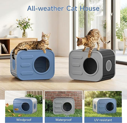 ONBRILL Outdoor Cat House Weatherproof with Dual Ventilation Windows, Spacious Durable PP Material Cat House for Outdoor Indoor Use, Easy to Assemble and Clean, Blue