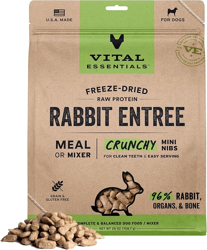 Vital Essentials Freeze-Dried Raw Dog Food, Rabbit Crunchy Mini Nibs | Complete Meal or Mixer | High Protein Dog Food | 25 oz