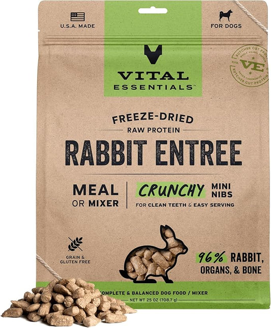 Vital Essentials Freeze-Dried Raw Dog Food, Rabbit Crunchy Mini Nibs | Complete Meal or Mixer | High Protein Dog Food | 25 oz