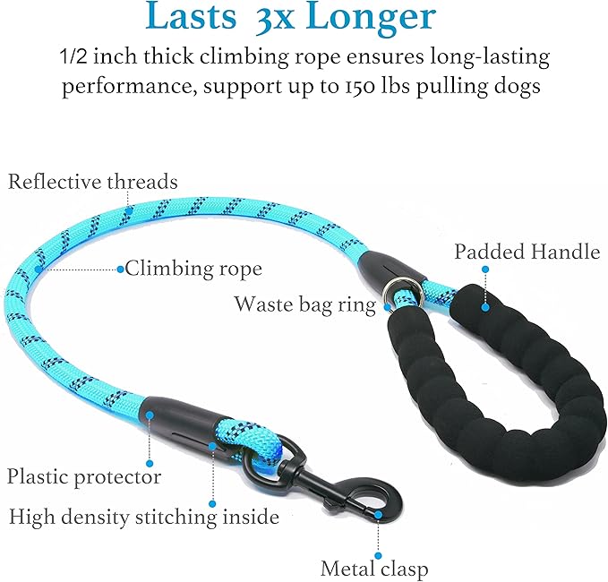 iYoShop Dual Dog Leash - 360° Swivel, No Tangle Walking Leash with Shock Absorbing Bungee for Two Dogs (Large, 25-150 lbs, Blue)