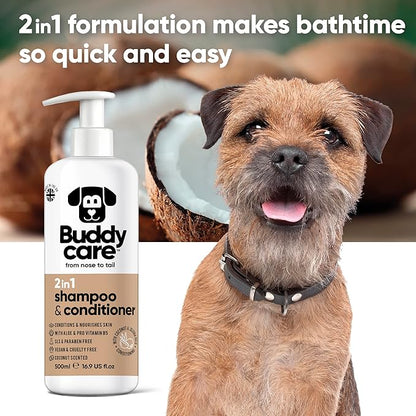 2in1 Dog Shampoo and Conditioner (16.90oz) | Coconut Scented Dog Shampoo Sensitive Skin | Hypoallergenic Itch Relief for Smelly Dogs | Essential Dog Grooming Supplies