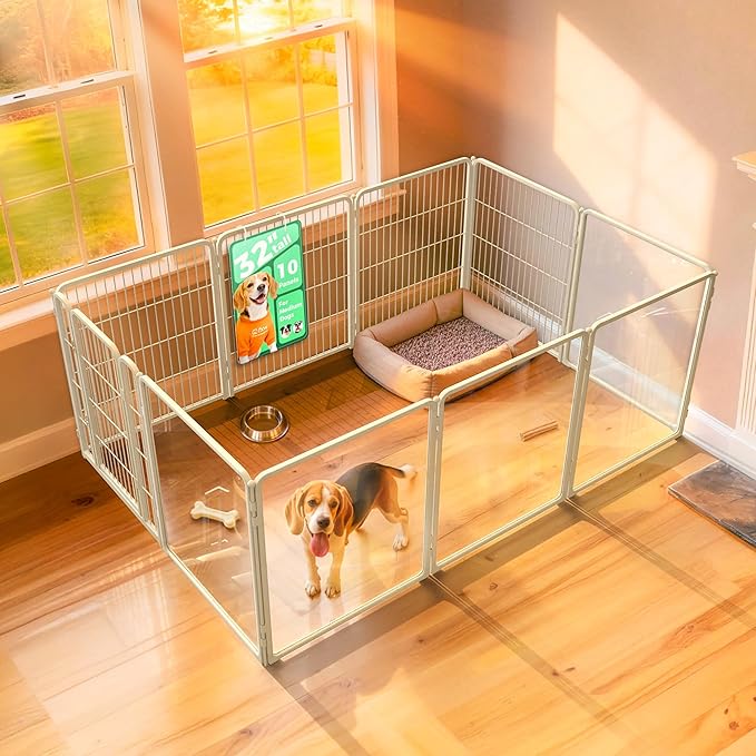 FXW Acrylic & Wire Mesh Indoor Dog Playpen, Heavy Duty 32 Inch 10 Panels Metal Dog Pen for Small and Medium Dogs, White│Patented