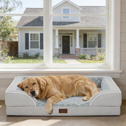 Casa Paw Orthopedic Dog Beds for Extra Large Sized Dogs, Waterproof Memory Foam XL Pet Bed with Sides 48x30Inch, Non-Slip and Egg-Crate Foam Big Dog Couch Bed with Removable Washable Cover, Light Grey