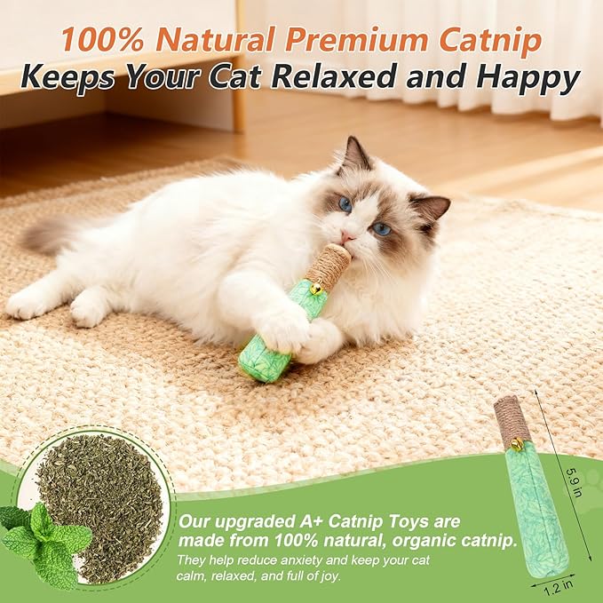 HivaolJoy 3 Pack Catnip Toys for Cats, Funny Kicker Cat Toys with Dental Rope & Jingle Bell, 100% Organic Catnip Catnip Toys, Bite-Resistant Chew Toy for Kitten Teething, Indoor Cat Toys