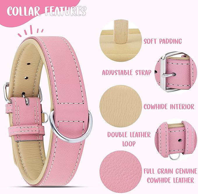 Riparo Genuine Leather Pink Dog Collar Heavy Duty K-9 Adjustable Dog Collar (M: 1” Wide for 13.5”-17.5” Neck, Pink)