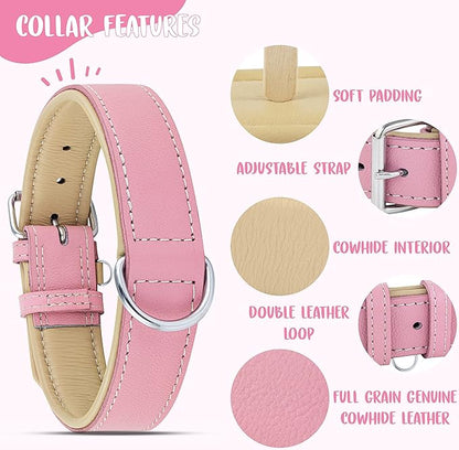 Riparo Genuine Leather Pink Dog Collar Heavy Duty K-9 Adjustable Dog Collar (M: 1” Wide for 13.5”-17.5” Neck, Pink)
