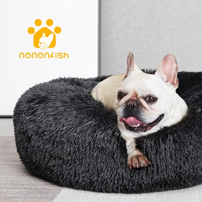 Calming Donut Dogs Beds for Small Dogs Washable,23inch Plush Round Pet Bed for Cozy Sleep,Fluffy Faux Fur Large Cat Bed,Fits up to 25 lbs Pets,Black