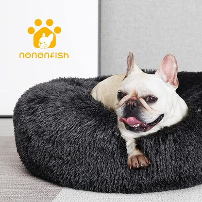 Calming Donut Dogs Beds for Small Dogs Washable,23inch Plush Round Pet Bed for Cozy Sleep,Fluffy Faux Fur Large Cat Bed,Fits up to 25 lbs Pets,Black