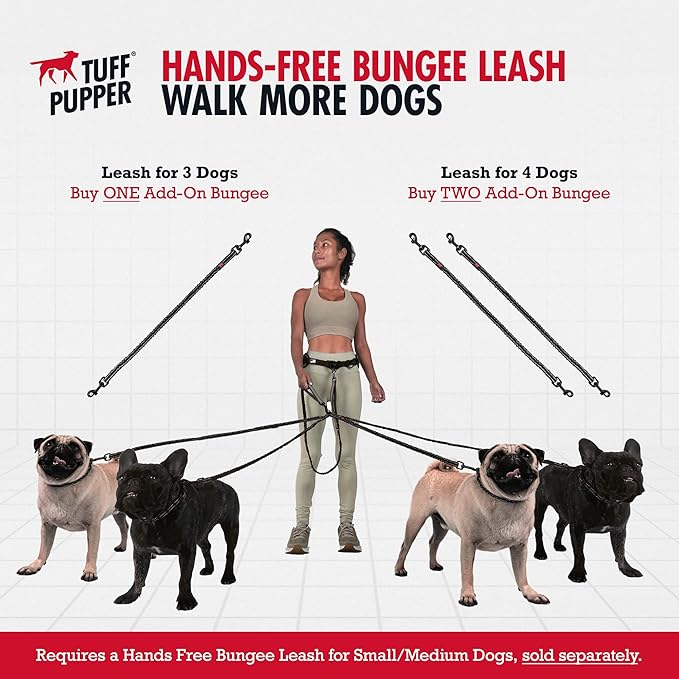 Tuff Pupper Heavy Duty Hands Free Dog Leash | Two Small/Medium Dogs Up to 90 lbs | Comfortable Shock Absorbing Bungee | Reflective Padded Handles | Lumbar Waist Belt 26-38" | Jogging Running Leash