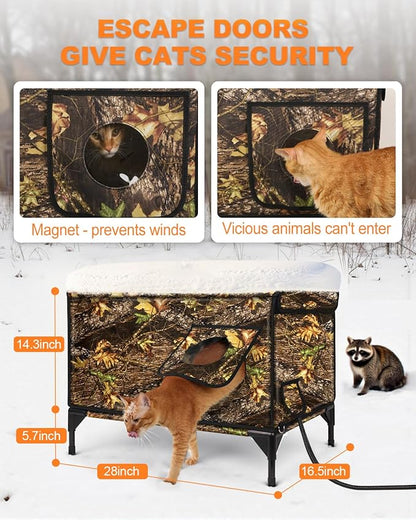 Weatherproof Heated Cat House for Outdoor in Winter, Heated Cat Bed Kitty Shelter with Cat Heating Pad, Insulated & Safe Escape Door, Warm House for Outside Stray Cat (Leaf Color, 16"x28"x19")