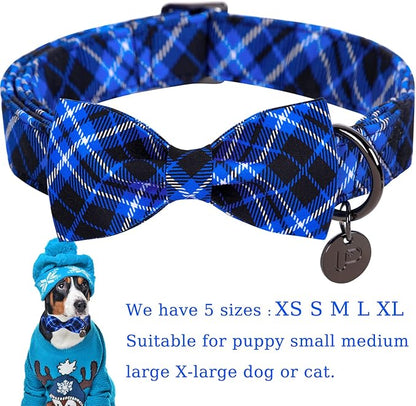 Dog Collar With Bow Tie, Cotton Bowtie for Medium Girl Boy, Holiday Blue With Durable Metal Buckle, Cute Plaid Pet Collar, M