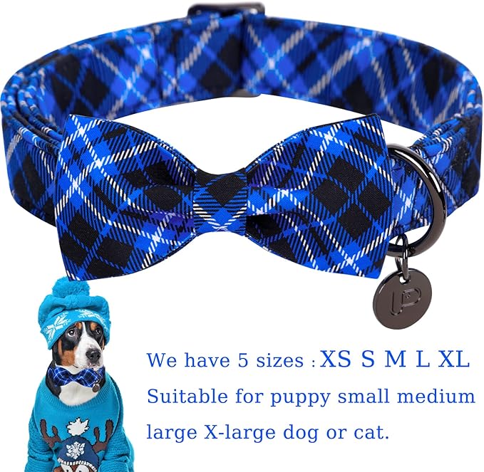 Blue Plaid Christmas Dog Collar with Detachable Bow Tie, Large, Cotton, Buckle Closure