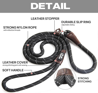 TwoEar 6FT Slip Lead Dog Leash, Heavy Duty Slip Leash for Dogs with Highly Reflective, Strong Rope Slip Leads No Pull Pet Training Leashes for Small Dogs (3/8", Black)