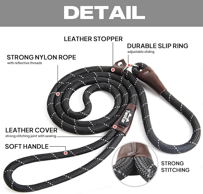 TwoEar 6FT Slip Lead Dog Leash, Heavy Duty Slip Leash for Dogs with Highly Reflective, Strong Rope Slip Leads No Pull Pet Training Leashes for Large Medium Dogs (1/2", Black)