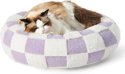 LE SURE Cat Beds for Indoor Cats - Round Donut Small Dog Bed Calming Gift for Pets, Cute Modern Beds with Jacquard Shaggy Plush & Anti Slip Bottom, 20 Inch, Purple