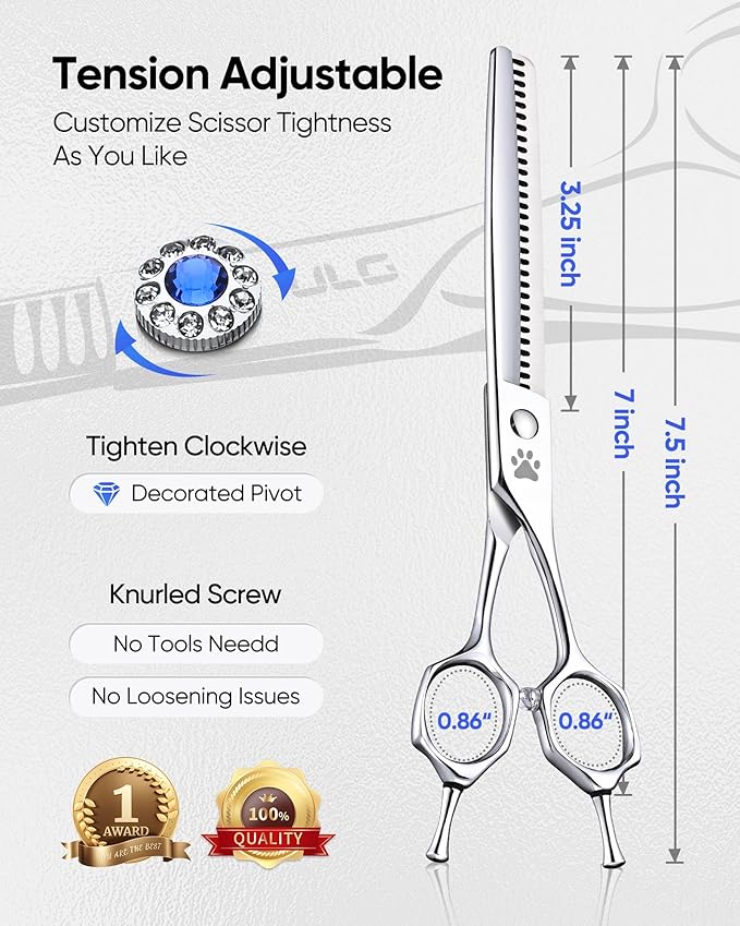 ULG Professional Dog Grooming Scissors 7.0” Straight Chunker Shear 65%-75% Thinning Rate 440C Japanese Stainless Steel Tension Adjustable Left & Right Handed Pet Grooming Shears
