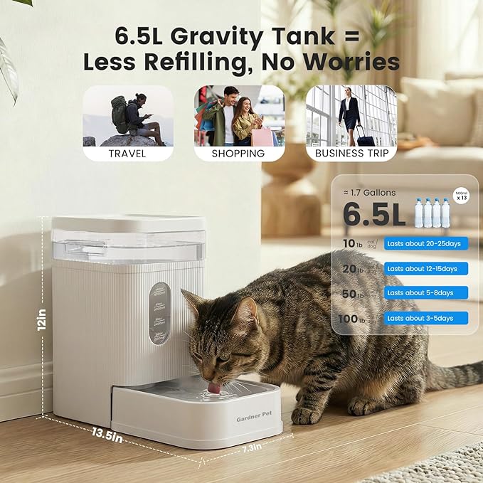 Gardner Pet 1.7 Gallon Automatic Dog Water Bowl Dispenser 6.5L Gravity Water Feeder with Stainless Steel Bowl & Maifan Stone Filter, BPA-Free for for Cats and Dogs (White, 1.7 Gallon)