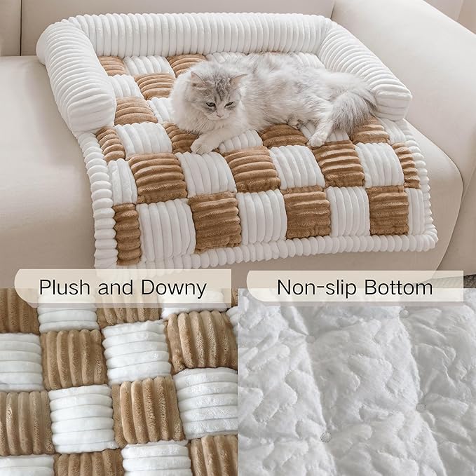 Couch Covers for Dogs and Cats, Fuzzy Dog Sofa bed with Cream Square Plaid, Plush Pet Couch Cover Bed, Thickened Quilted Furniture Protector Mat for Large Medium Pets (Light Brown 27.56"*27.56")