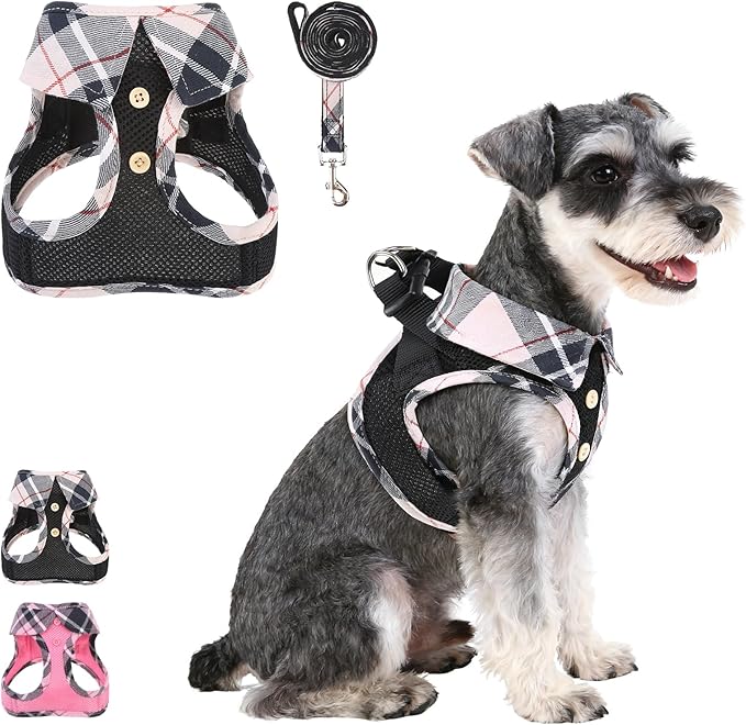 KOOLTAIL Small Dog Harness and Leash Set, Step in No Pull Soft Mesh Padded Pet Vest Harness Collar for Extra Small Size Dogs Cats Boy Girl, Breathable & Lightweight Plaid Puppy Harness, Beige XS