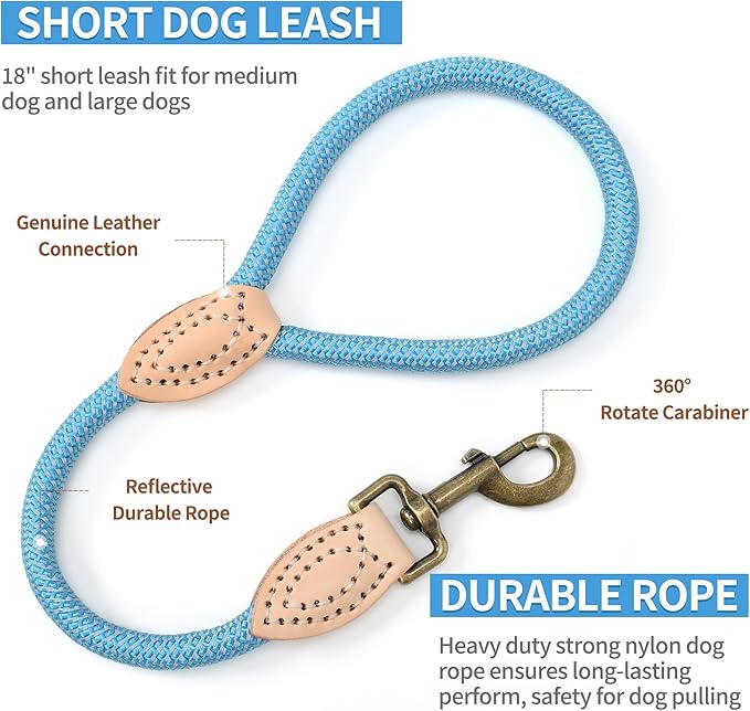 Mile High Life Short Dog Leash, Short Leash for Large Dogs, Reflective Dog Lead with w Leather Tip, Heavy Duty Leash for Large and Medium Dogs Training and Walking(Green, 18 Inch)