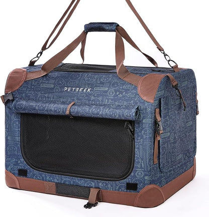 Petseek Extra Large Cat Carrier Soft Sided, Portable Small Dog Carrier for 2 Cats, 24"x16.5"x16" Car Travel Folding Comfortable Design, Navy