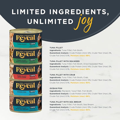 Reveal Natural Wet Canned Cat Food, 5-Flavor Variety Pack, Limited Ingredient, Grain Free, High Protein with No Artificial Additives, Fish Variety in Broth (20 x 2.47 oz Cans)