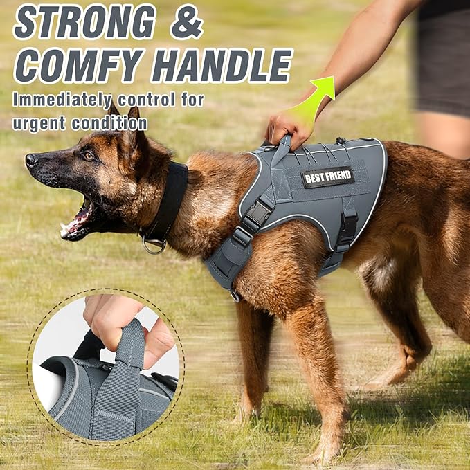 Tactical Dog Harness for Large Dogs,No Pull Military Dog Vest with Handle,Reflective Heavy Duty Pet Harness for K9 Working Walking Hiking Training Gray XL