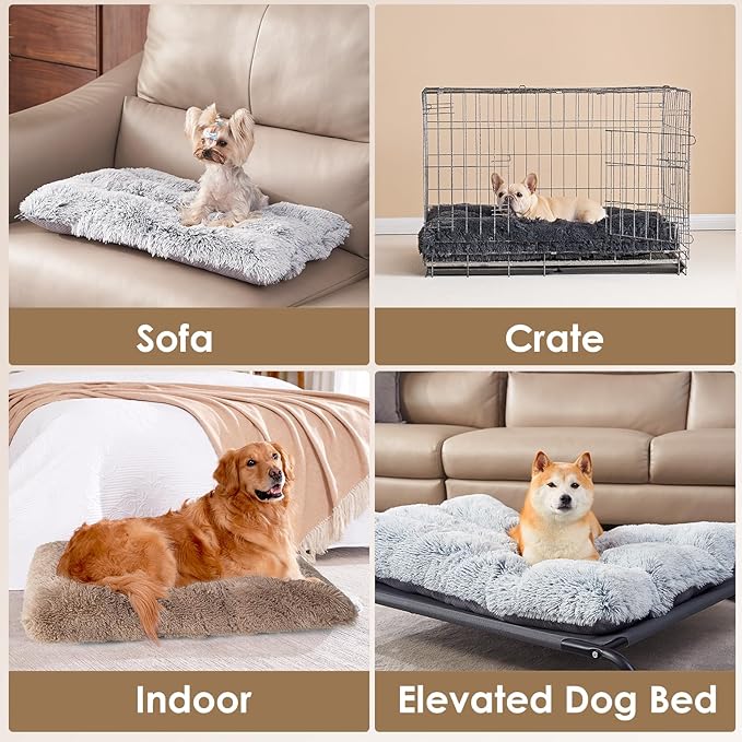EHEYCIGA Fluffy Dog Crate Bed for Medium Dogs, Plush Faux Fur Crate Pad, Calming Anti Anxiety Medium Dog Bed for Crate, Washable Soft Warm Mat with Non-Slip Bottom, Camel