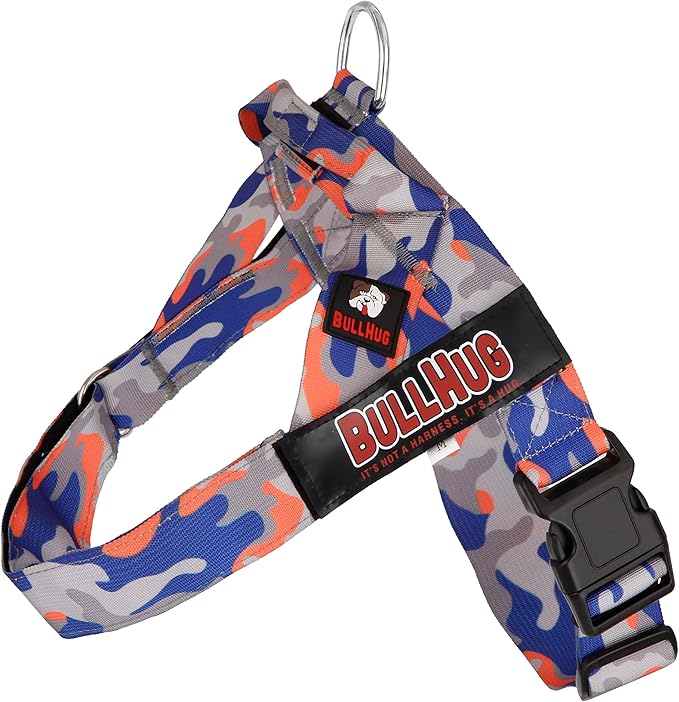 BULLHUG Adjustable Dog Harness– No Pull, No Choke – for English Bulldogs, French Bulldogs, Pugs & Broad-Chested Breeds – Easy, Safe Walks (Orange/Blue Camouflage, Large)