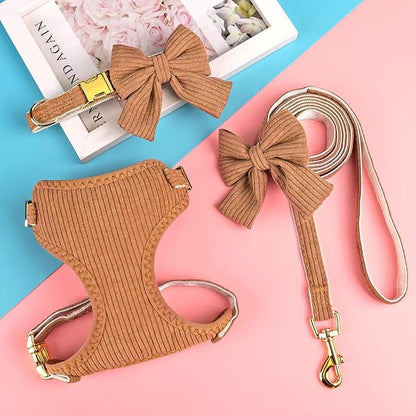 Didog Cute Small Dog Harness Collar and Leash Set with Bowtie, Breathable Soft Mesh Padded Puppy Harness, Dog Harness for Small Dogs Daily Walks Parties, Holiday Gatherings & Gifts, Brown, S