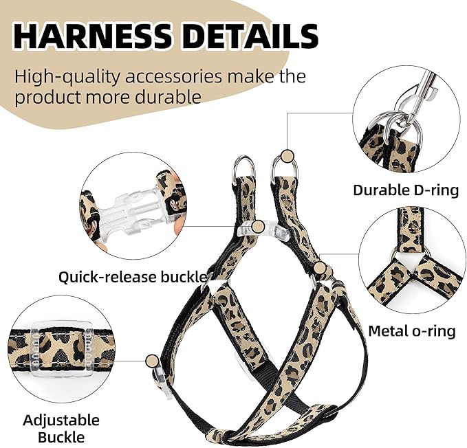 Mile High Life Leopard Dog Harness Collar Leash Set, Adjustable No Pull Dog Halter Harness for Small Breed Dogs, Easy Control for Training Walking (Black, S Chest 11"-18", Neck 10"-14")