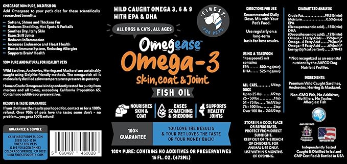 Omega 3 Fish Oil for Dogs & Cats. 100% Natural Wild Caught EPA & DHA Fatty Acids Supplement for Joints, Skin & Coat, Itching, Shedding & Immune Health. Stronger Than Salmon Oil, Omegease 16 oz