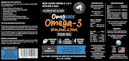 Omega 3 Fish Oil for Dogs & Cats. 100% Natural Wild Caught EPA & DHA Fatty Acids Supplement for Joints, Skin & Coat, Itching, Shedding & Immune Health. Stronger Than Salmon Oil, Omegease 16 oz