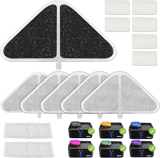 SIBAYS Cat Water Fountain Filters, Replacement Water Fountain Filters for 230oz/7L Pet Water Fountains, Made of Food Grade Activated Carbon and PP Cotton, 6pcs Filter + 6pcs Mesh + 6pcs Sponge
