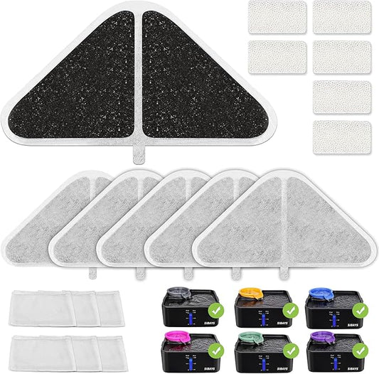 SIBAYS Cat Water Fountain Filters, Replacement Water Fountain Filters for 230oz/7L Pet Water Fountains, Made of Food Grade Activated Carbon and PP Cotton, 6pcs Filter + 6pcs Mesh + 6pcs Sponge