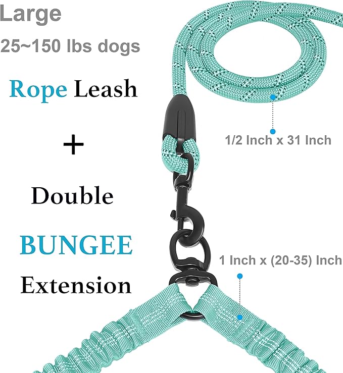 iYoShop Dual Dog Leash - 360° Swivel, No Tangle Walking Leash with Shock Absorbing Bungee for Two Dogs (Large, 25-150 lbs, Teal)