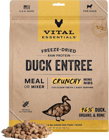 Vital Essentials Freeze-Dried Raw Dog Food, Duck Crunchy Mini Nibs | Complete Meal or Mixer | High Protein Dog Food | 25 oz