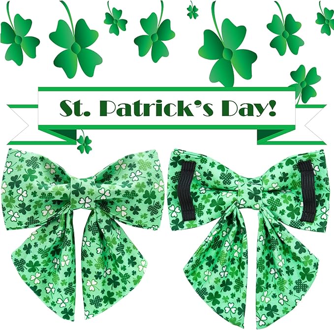 UP URARA PUP St. Patrick's Dog Collar with Bow Tie, Cotton St. Patrick's Bowtie Collar for Large Girl Boy Dog, Lucky Shamrock Dog Collar with Metal Buckle, Green, Spring, L